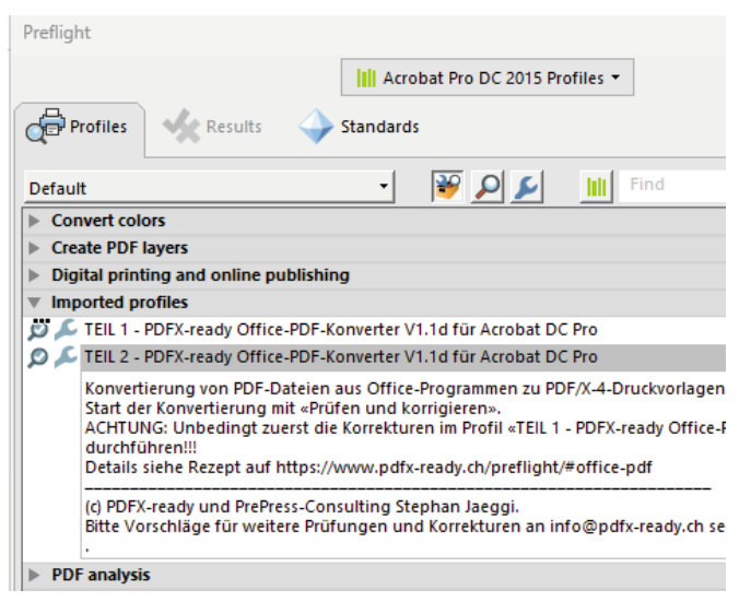 Окно Preflight в Adobe Acrobat с загруженными профилями проверки PDFX-ready
