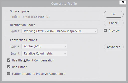 Установки Convert to Profile в Adobe Photoshop для газетной печати