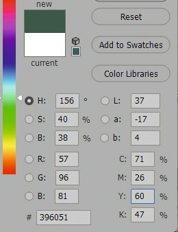 Окно Color Picker в Photoshop с CMYK-рецептом образца для печати по FOGRA51